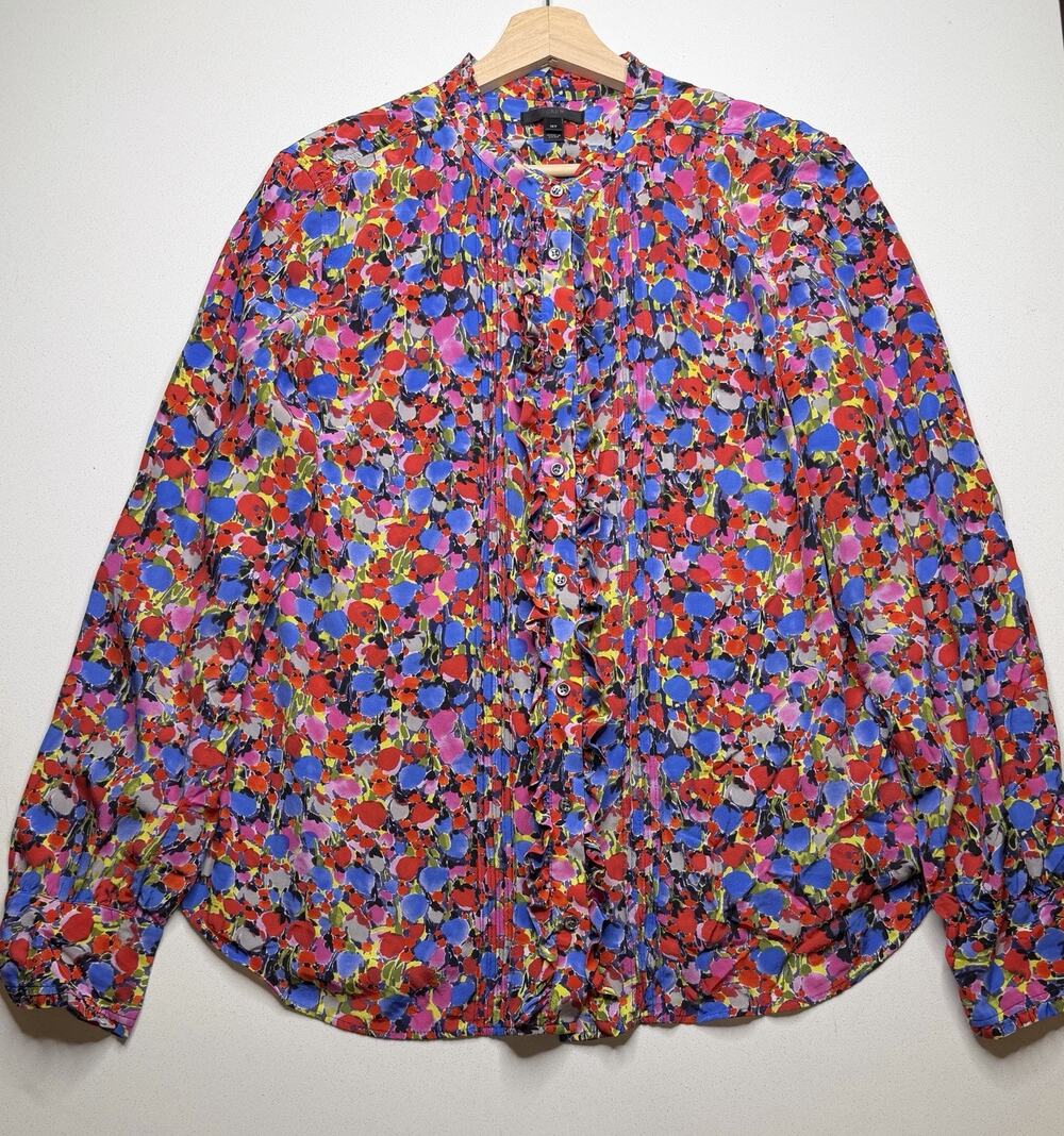 J. Crew 16T Silk Blouse Top Blurred Floral Pintuck Ruffle Long Sleeve